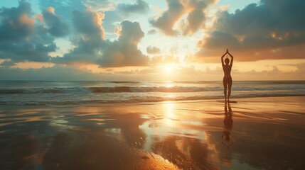 A woman practices yoga on a beach at sunset.