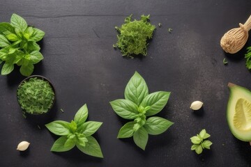 Wall Mural - Flat-lay Herbs on a wooden table