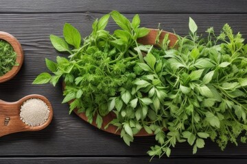 Wall Mural - Flat-lay Herbs on a wooden table