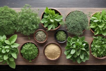 Wall Mural - Flat-lay Herbs on a wooden table