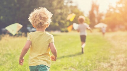 Children are happily running with kites in a sunny park filled with grass