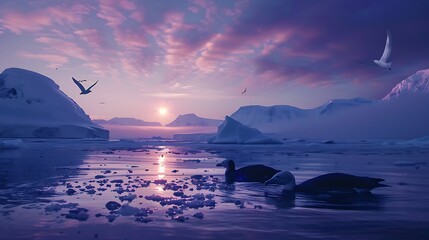 Wall Mural - Sunset in Antarctica with snow-covered mountains and icy waters. Two seabirds are swimming in the foreground while other seabirds soar in the sky.