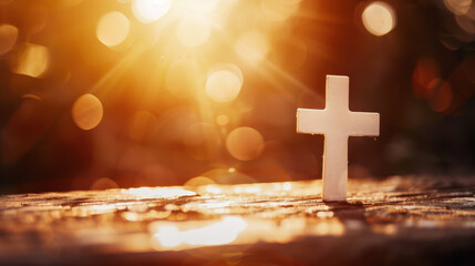 A photographic depiction of a white cross on a wooden surface, illuminated by soft, golden light