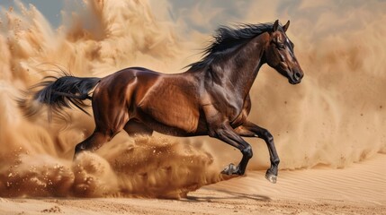 Brown galloping stallion running with dust