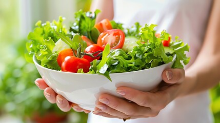 Wall Mural - A woman's hands holding a bowl of fresh salad.