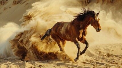 Brown galloping stallion running with dust