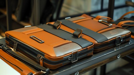 Two leather briefcases on a table in a store.