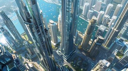 Wall Mural - High-angle aerial view of a sprawling modern city showcasing towering skyscrapers bustling streets and a shimmering body of water. The image captures the grandeur and complexity of urban life.