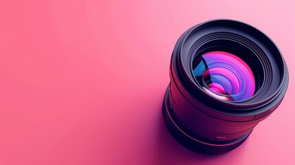 A close-up of a camera lens on a pink background.