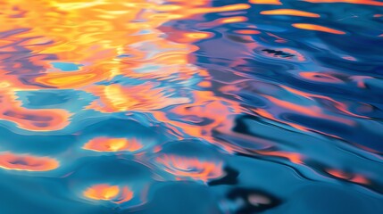 Wall Mural - a close up of rippling blue water with reflections of orange and pink hues.
