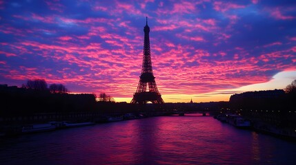 Eiffel Tower at Sunset: The Eiffel Tower silhouetted against a vibrant sunset sky, with the Seine River in the foreground.
