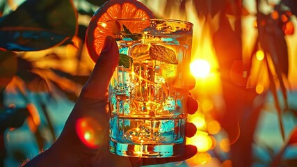 Wall Mural - Human hand holding tropical cocktail on summer beach with blue sea at sunset on background. Fruit ice cold drink. Maldives, Caribbean resort. Summer party, travel, vacation. Motion animation