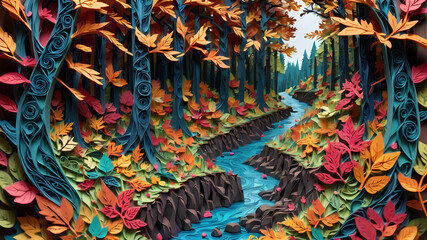 view forest , multi-dimensional paper cut craft,  river 