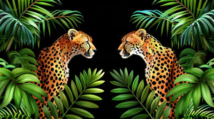 Poster - Vibrant watercolor scene featuring cheetahs and leopards among lush palm leaves, set against a striking black backdrop.