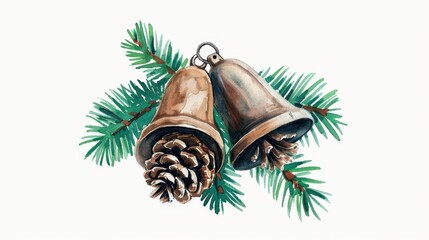 Sticker - A festive watercolor illustration of Christmas bells, adorned with snowberries, fir, and pinecones, perfect for holiday designs.