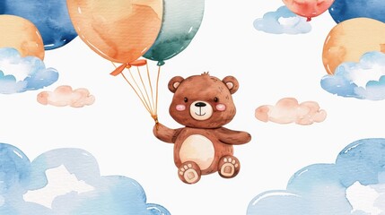 Poster - A whimsical bear floats joyfully on bright balloons amidst soft clouds, perfect for a cheerful kids poster or card.