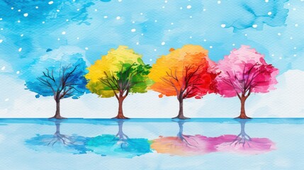 Sticker - A vibrant, handpainted fourseason tree illustration showcasing the beauty of nature throughout the year.