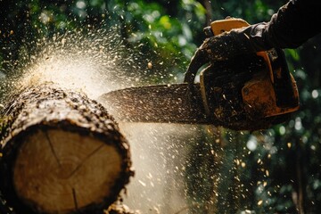 Chainsaw Cutting Through Log with Sawdust Flying