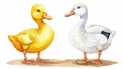 Sticker - A charming watercolor artwork featuring a playful yellow duckling  a graceful white goose on a crisp white background.