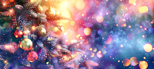 Wall Mural - A close-up of a decorated Christmas tree with twinkling lights and colorful ornaments against a blurred background of bokeh lights