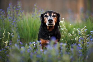 Wall Mural - old dachshund dog posing on a summer meadow with blooming flowers and grass