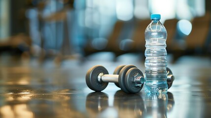 A water bottle and a set of dumbbells in a gym.