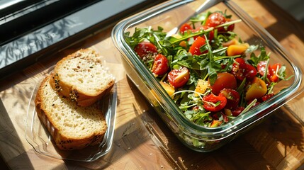 A simple meal of salad and bread.