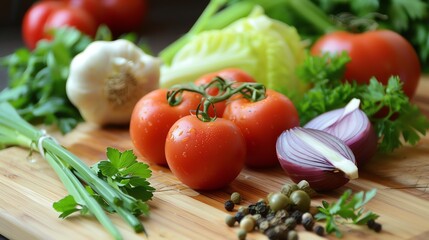 A variety of fresh vegetables on a wooden cutting board, including tomatoes, peppers, onions, and garlic.