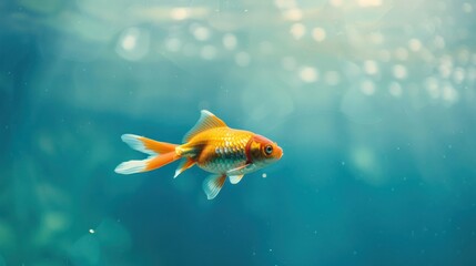 Wall Mural - Orange and white goldfish swimming in a clear blue water. Simple and serene underwater scene with a single goldfish. 