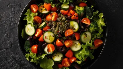 Wall Mural - A vibrant salad filled with fresh greens, tomatoes, cucumbers, and seeds, perfect for a healthy meal or as a colorful side dish.