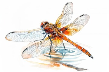 Wall Mural - Hand drawn style watercolor of a dragonfly hovering over a pond