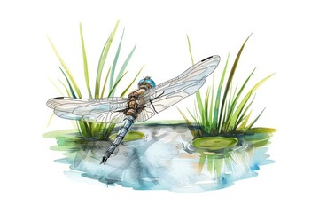 Wall Mural - Hand drawn style watercolor of a dragonfly hovering over a pond