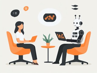 Aufkleber - Robot and human businesswoman meeting.