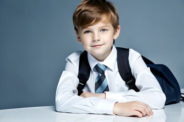 Portrait of a young school boy in a suit with backpack, Happy student school boy ready to go to school on plain color background