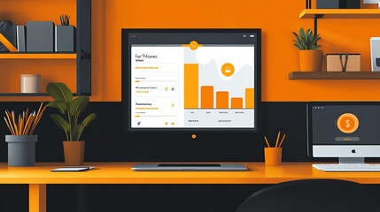 Aufkleber - Modern workspace with desktop and laptop.