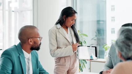 Wall Mural - Meeting, charts and businesswoman with tablet screen in office for presentation, project budget or company growth. Report, diversity and speaker with colleagues for information, stats or proposal