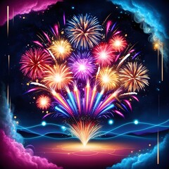 Generative AI illustration of a night sky celebrating with fireworks festival celebrations of new year with firecrackers