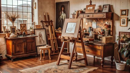 Sticker - An Artist's Studio with an Easel and Artwork