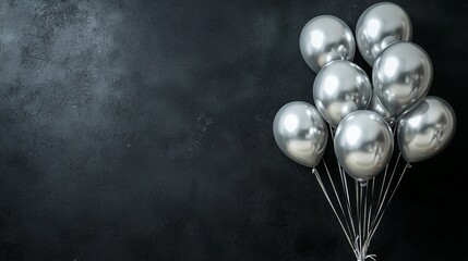 a horizontal banner with a bunch of shiny silver balloons on a black surface