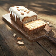 Poster - A slice of cake with almonds on top of a wooden board