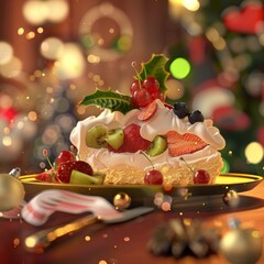 Canvas Print - A slice of cake with strawberries, blueberries, and kiwi on top