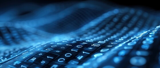 Abstract digital wave with binary code, representing data flow and technology in a futuristic cyberspace environment.