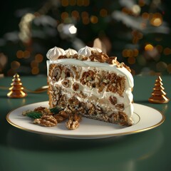 Sticker - A slice of cake with nuts on top of a white plate