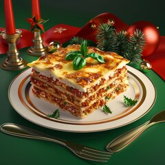 Canvas Print - A plate of lasagna with a green background and a red and gold border