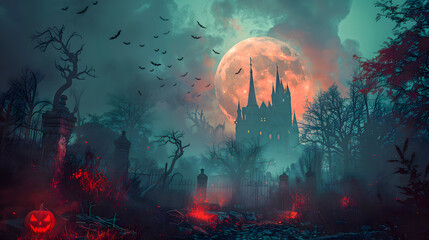 Graveyard cemetery to castle In Spooky scary dark Night full moon and bats on dead tree. Holiday event halloween banner background concept.