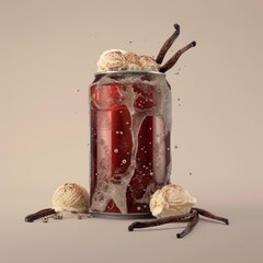 Poster - A can of soda with ice cream and vanilla ice cream on top