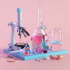 a science lab with a microscope, beakers, and other scientific equipment