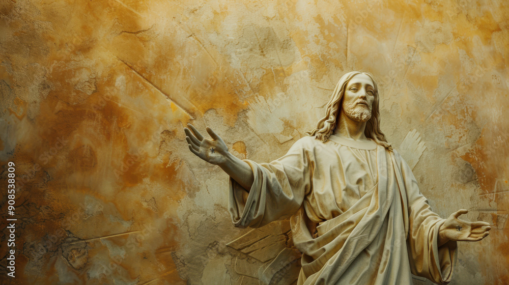 A realistic sculpture of Jesus Christ, arms raised, wearing traditional ...
