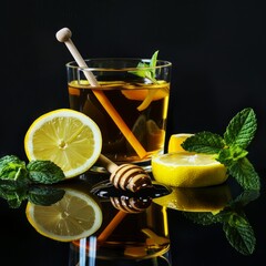 Canvas Print - A glass of tea with a lemon slice and a sprig of mint