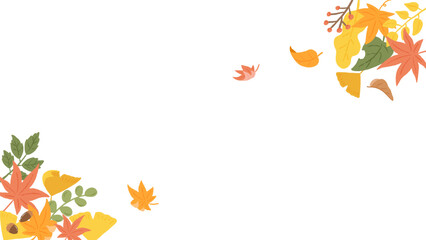 Wall Mural - Colorful autumn leaves, background frame of leaves falling in the wind, cute hand drawn illustration / カラフルな秋の葉、風に吹かれて落ちる葉の背景フレーム、かわいい手描きイラスト